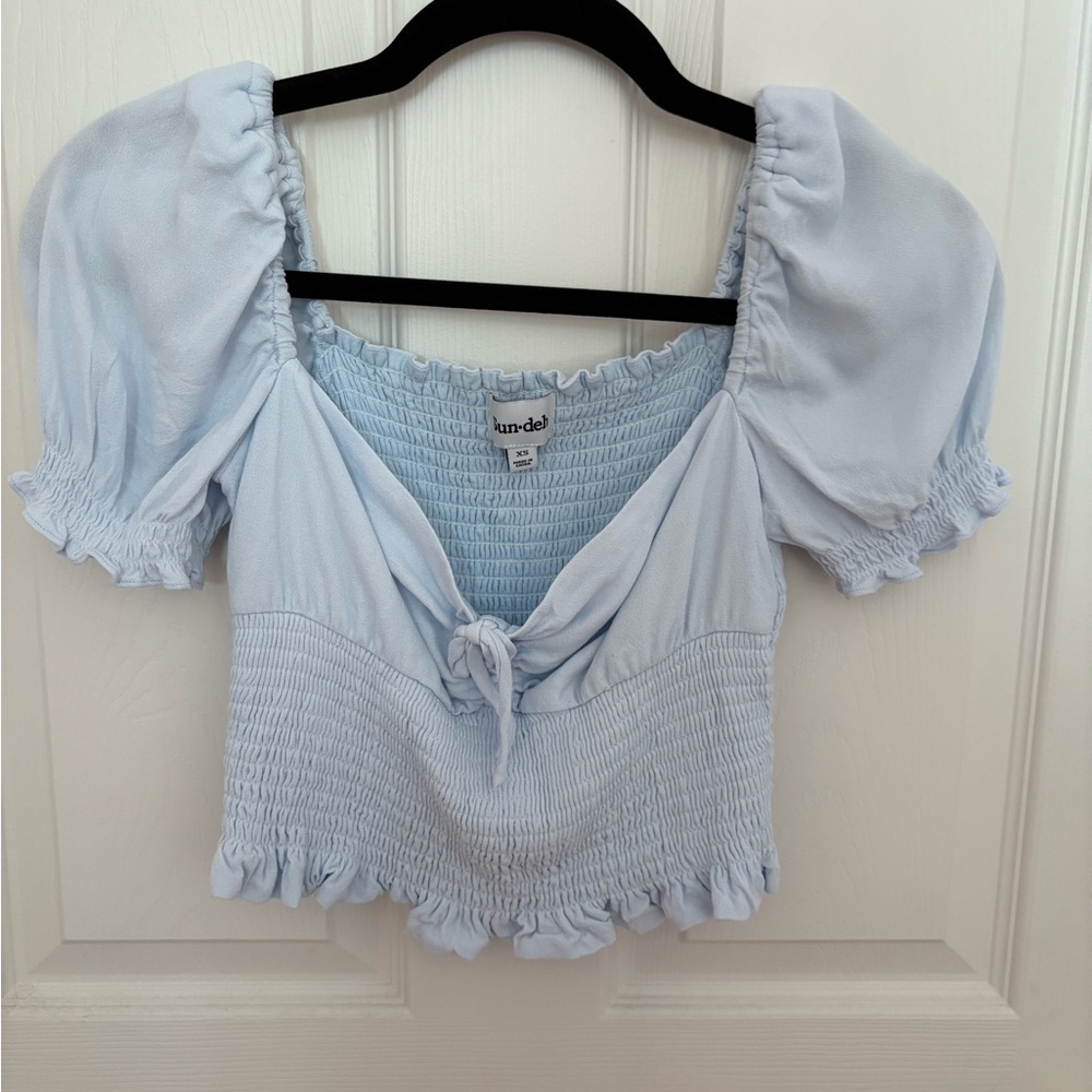Aritzia Sunday Best Sky Blue Smocked Blouse
